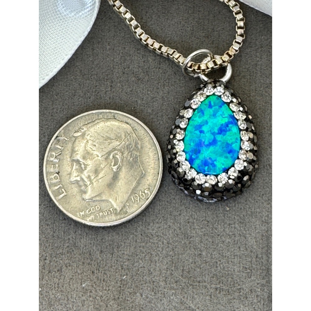 Sterling Silver Blue Opal Teardrop Crystal Halo Pendant Box Chain Necklace - Picture 6 of 6